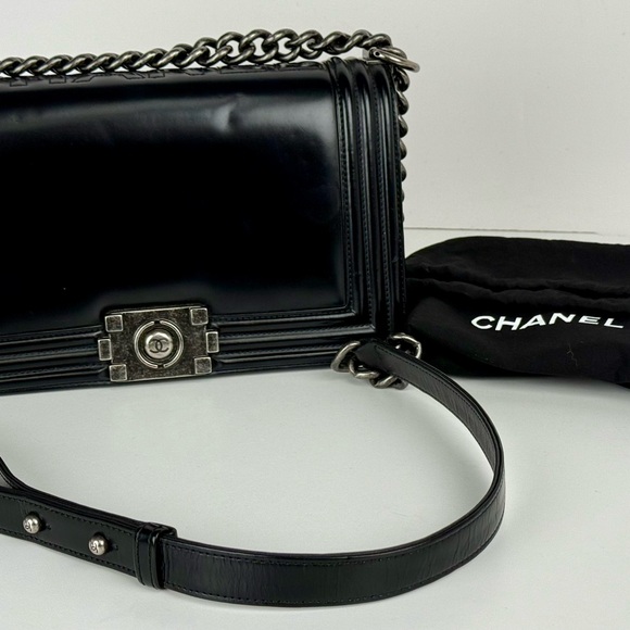 Chanel Handbag XL Reverso Boy Bag Black Leather Lagerfeld LOGO COA - Picture 1 of 8